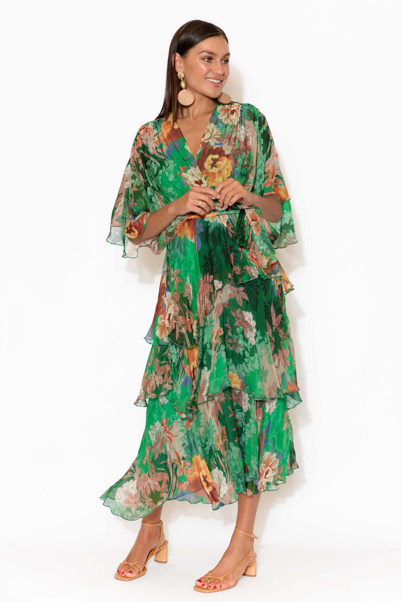 Natalie Green Floral Silk Layer Dress ...